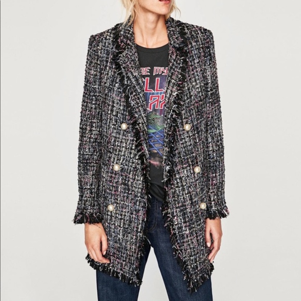 Zara Metallic Tweed Boucle Jacket Pearl Buttons - Picture 7 of 11